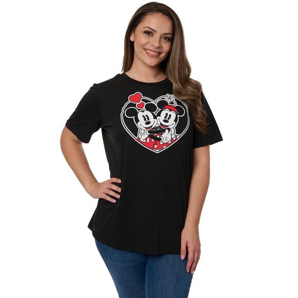 New Disney Womens Plus Size Mickey and Minnie Mouse T-Shirt Heart Hugs Black - Picture 3 of 6